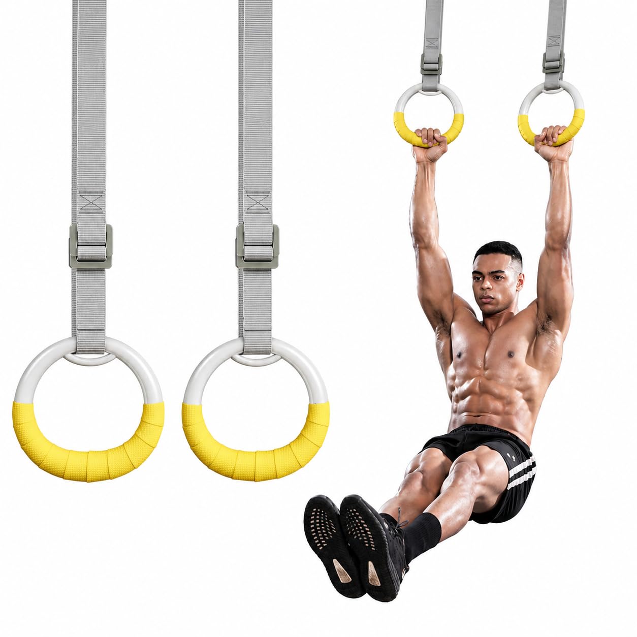 DONIUZ Gymnastic Rings, Both for Adults and Kids, Adjustable Strap Strength Home Exercise Gym Rings for Strength/Physical Training, Indoor Gym Anti -Slip Surface Design Rings
