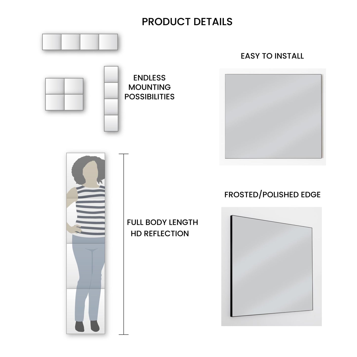 Dulles Glass - Wall Mirrors, 12''x 10'' Glass Wall Mirror Tiles (16 PCS), Large Full Body Mirror for Home Gym, Bedroom, Door, Bathroom, Frameless Mirror Tiles (Glass - 12'' x 10'' - 16PCS)