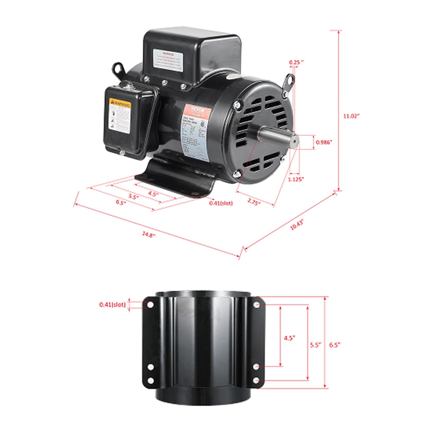 VEVOR 7.5HP Air Compressor Motor, 230V 31.6 Amps Electric Motor, 3450RPM 184T Frame, 1-1/8" Keyed Shaft, 2.75" Shaft Length for Air Compressors, Single Phase, CCW/CCW (Factory Setting is CCW)