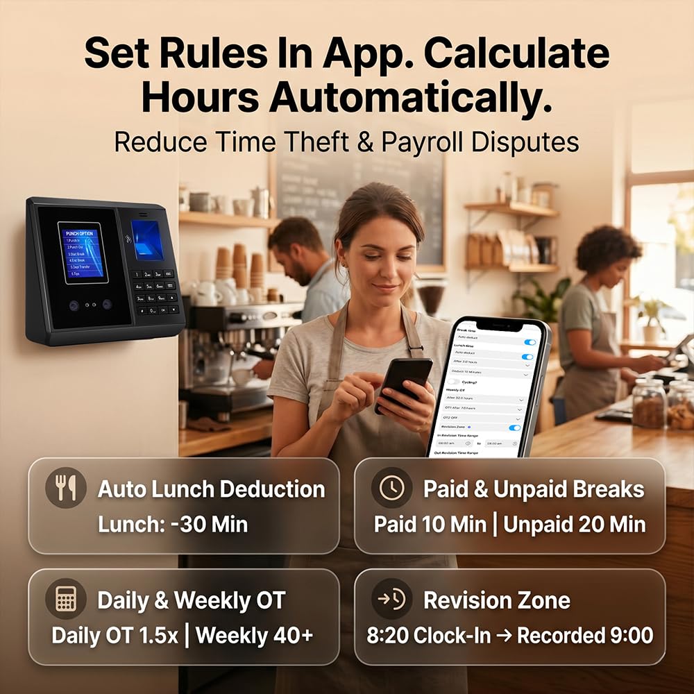 Tymelix App Control, 5s Fast Connection, Fix Records, Custom Overtime, Lunch & Break Rules, 4 Payroll Reports, No Monthly Fee, 10 IC Cards Included, Fingerprint & Face Time Clock for Small Business