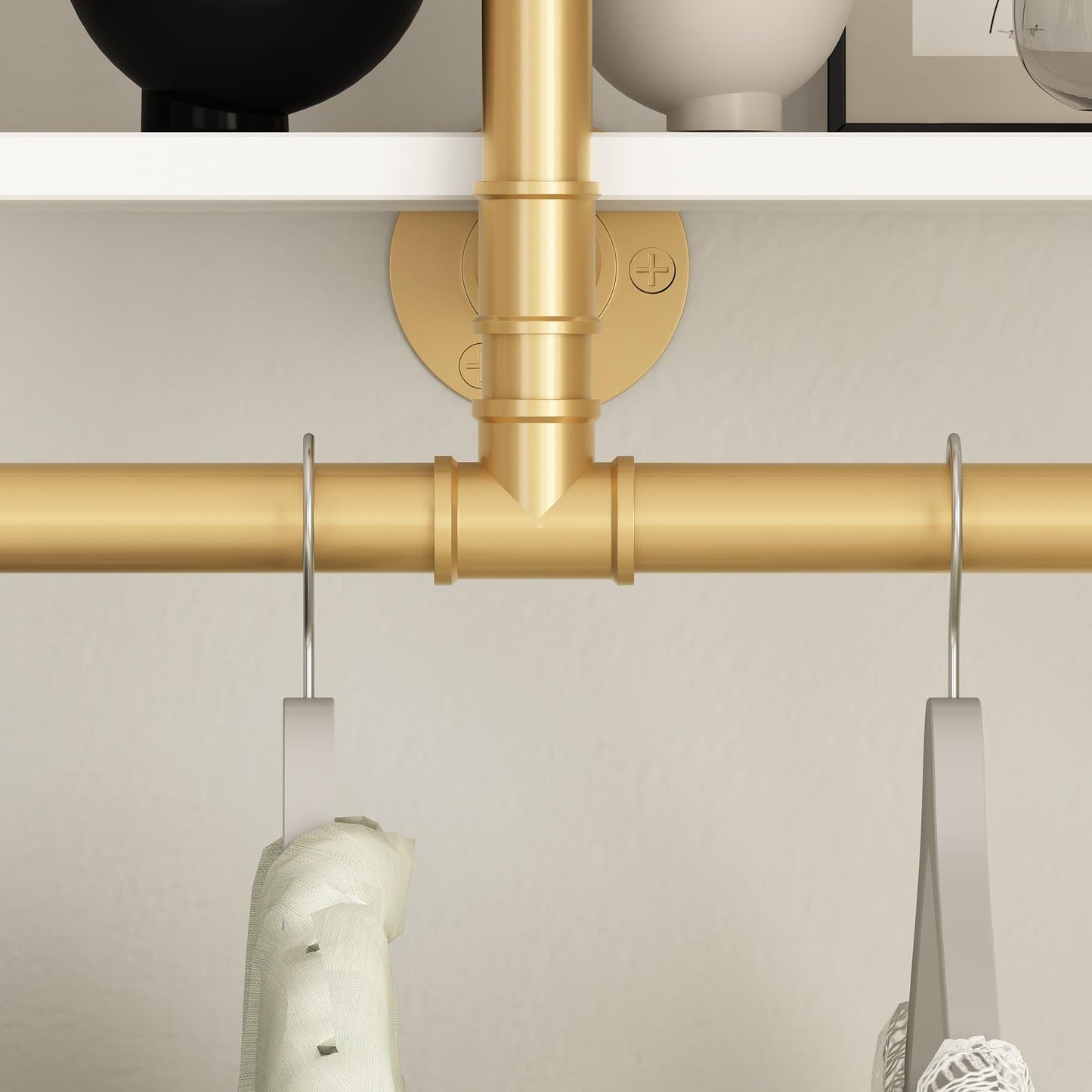 ORSENIGO Industrial Pipe Clothing Rack with Shelves, Gold Wall Mounted Clothes Rack for Home Retail