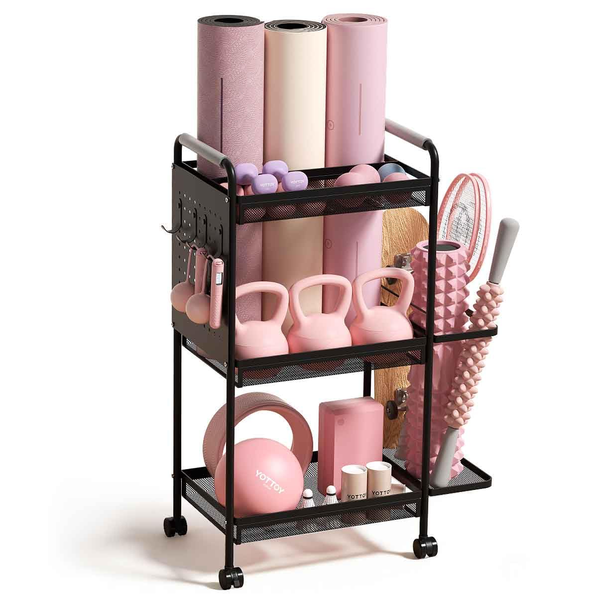 YOTTOY 3-Tier Gym Storage Rack for Home Gym–Multi-Functional Weight Rack, Dumbbell Rack, Yoga Mat Holder with Side Basket & 6 Hooks, Gym Equipment Organizer (Black)