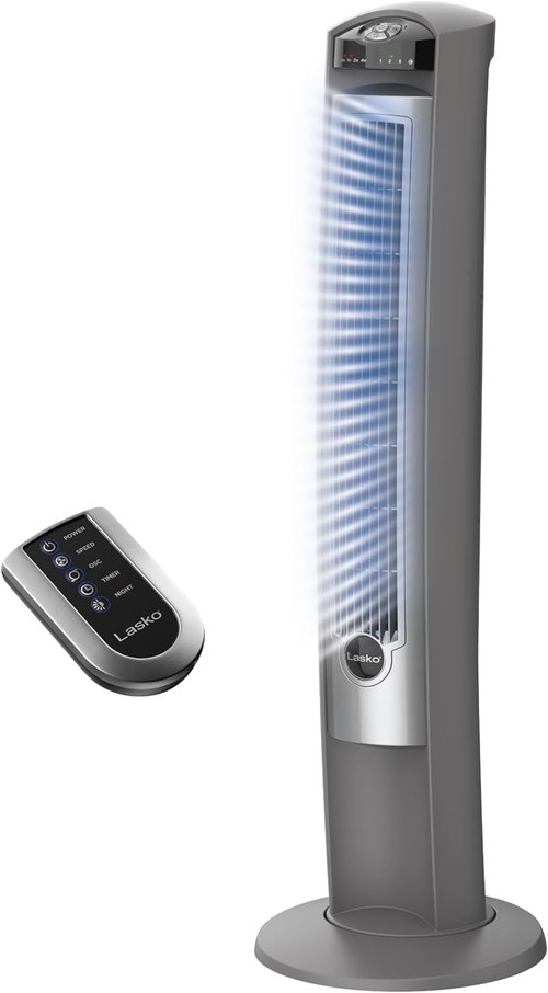 Lasko Oscillating Tower Fan - Quiet 42" Floor Fan with Remote Control | Sleek Silver Design