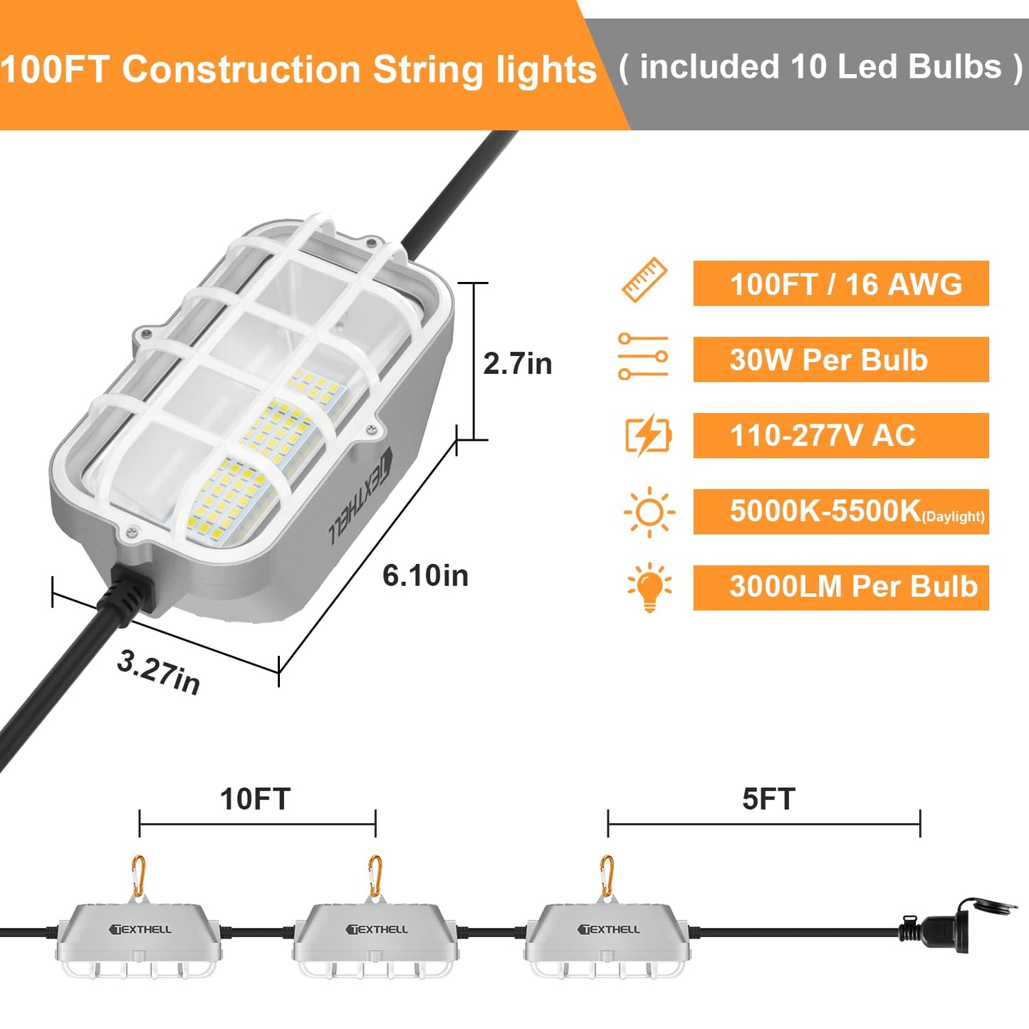 100ft LED Construction String Lights 300W Super Bright 30000LM Work Lights String Connectable Design for Workplace, Warehouse, Garage, RV, Indoor and Outdoor Weatherproof Temporary Lighting