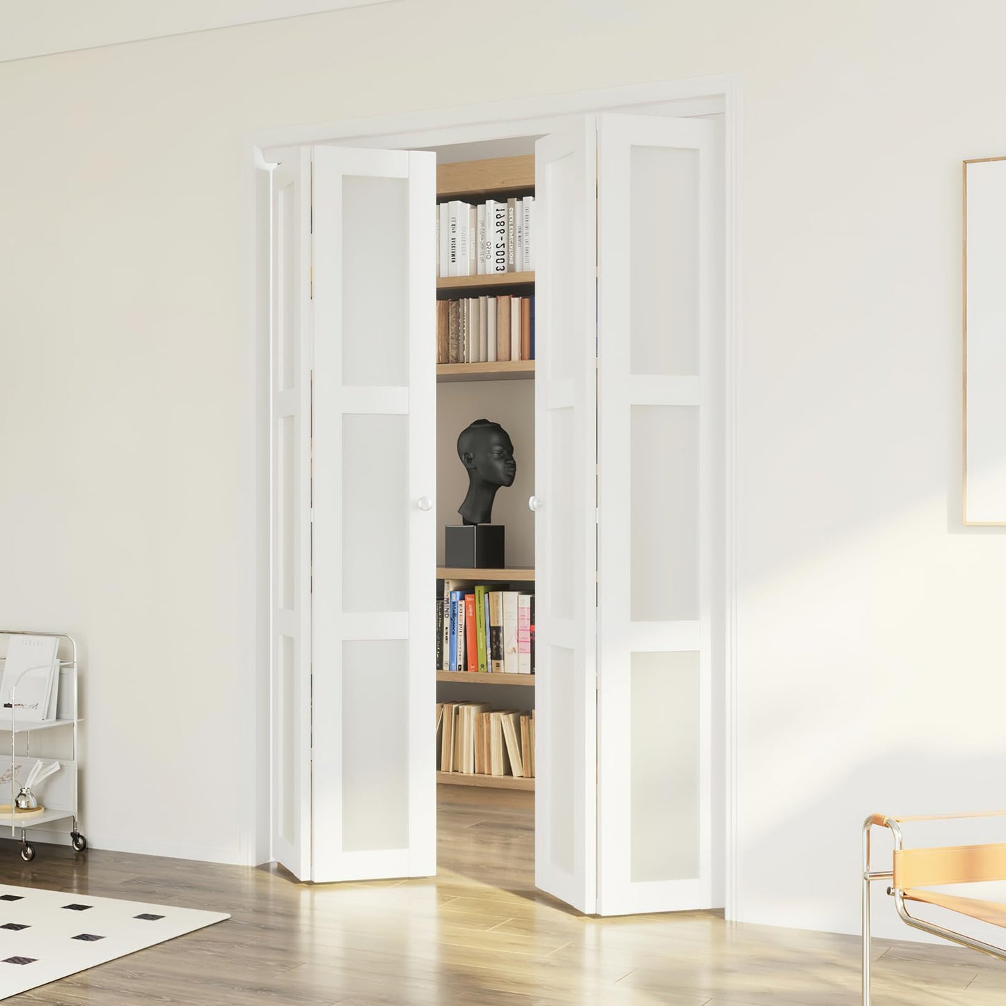 ARKHJEM Bi-Fold Door,3 Panel Frosted Glass Closet Door,for 48"×80"(Double 24"*80" Doors) Door Opening,Suitable for Closets & Interiors,DMF,White