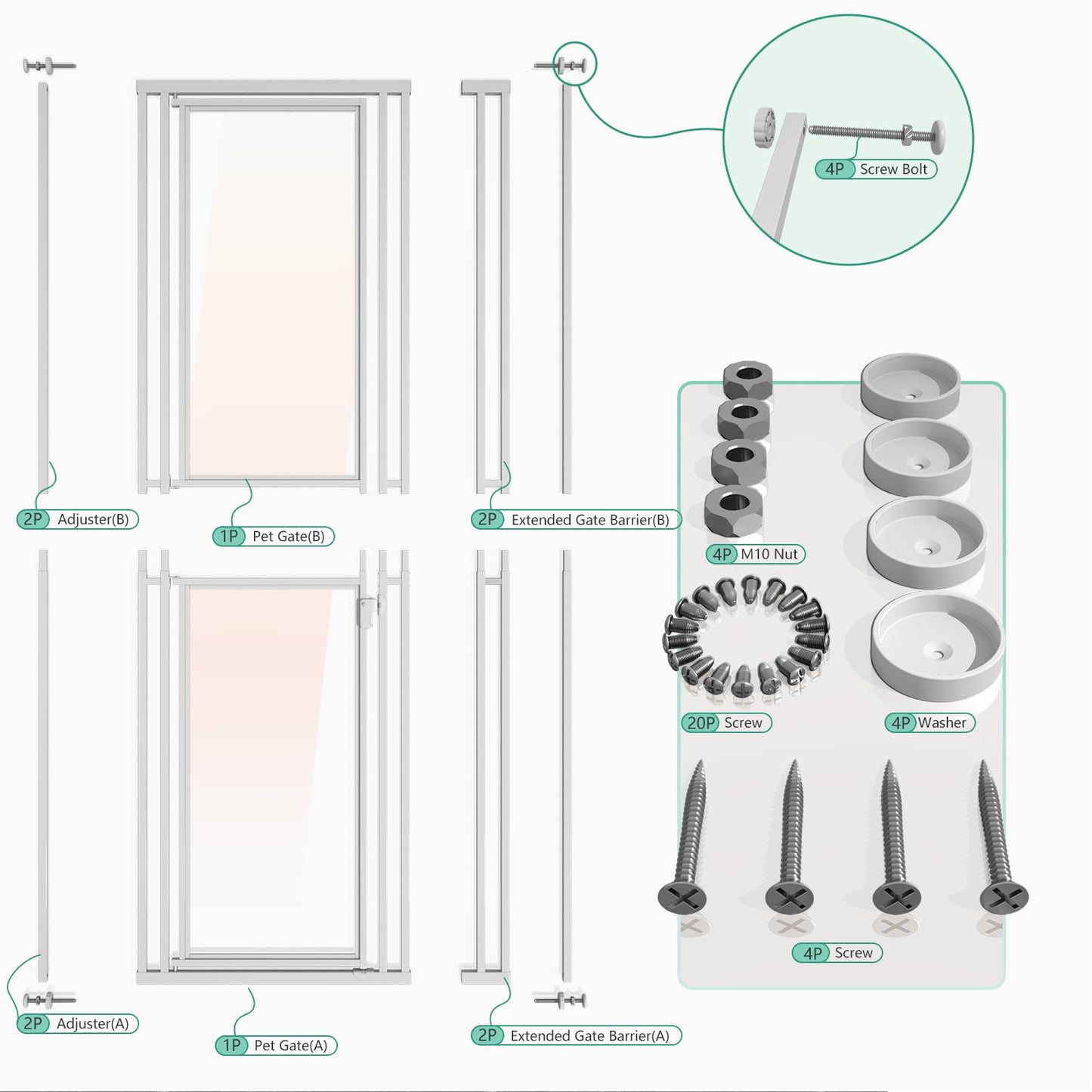 78.74" Extra Tall Cat Gate for Doorway, Wide Adjustable 28"-37" Pet Gate Included 4 Extension Kits,No Drilling Pressure Mounted Transparent Full Door Gate for Stairs, Studio, Kitchen (White)