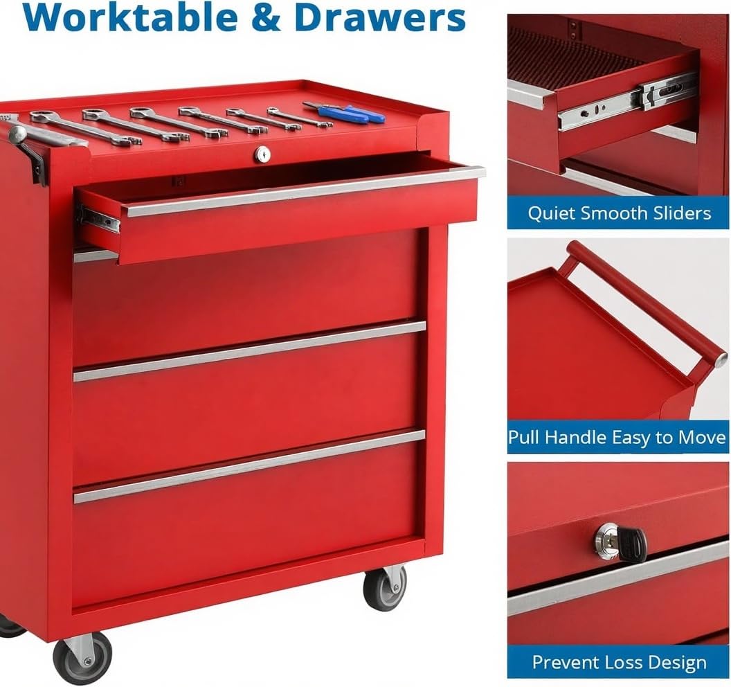 GarveeHome 4-Drawer Tool Chest, Rolling Tool Box with Wheels and Lock System, Portable Storage Rolling Tool Chest for Warehouse, Workshop & Repair Shop, Red