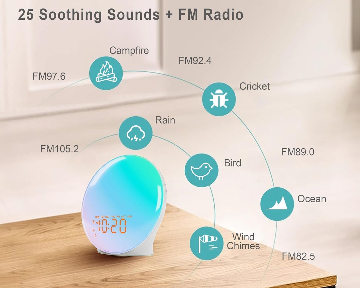 17 5W 25 Wake Up Light Sunrise Alarm Clock for Bedroom, Nightlights, Sound Machine with Bluetooth Speaker, Soothing