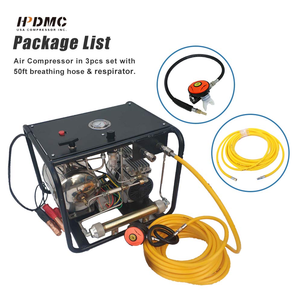 HPDMC Oil-free Dive 12V 550W Air Compressor System Vacuum Pump with 1x50 FT Hose & 1xRegulator / Respirator for Snorkeling Diving