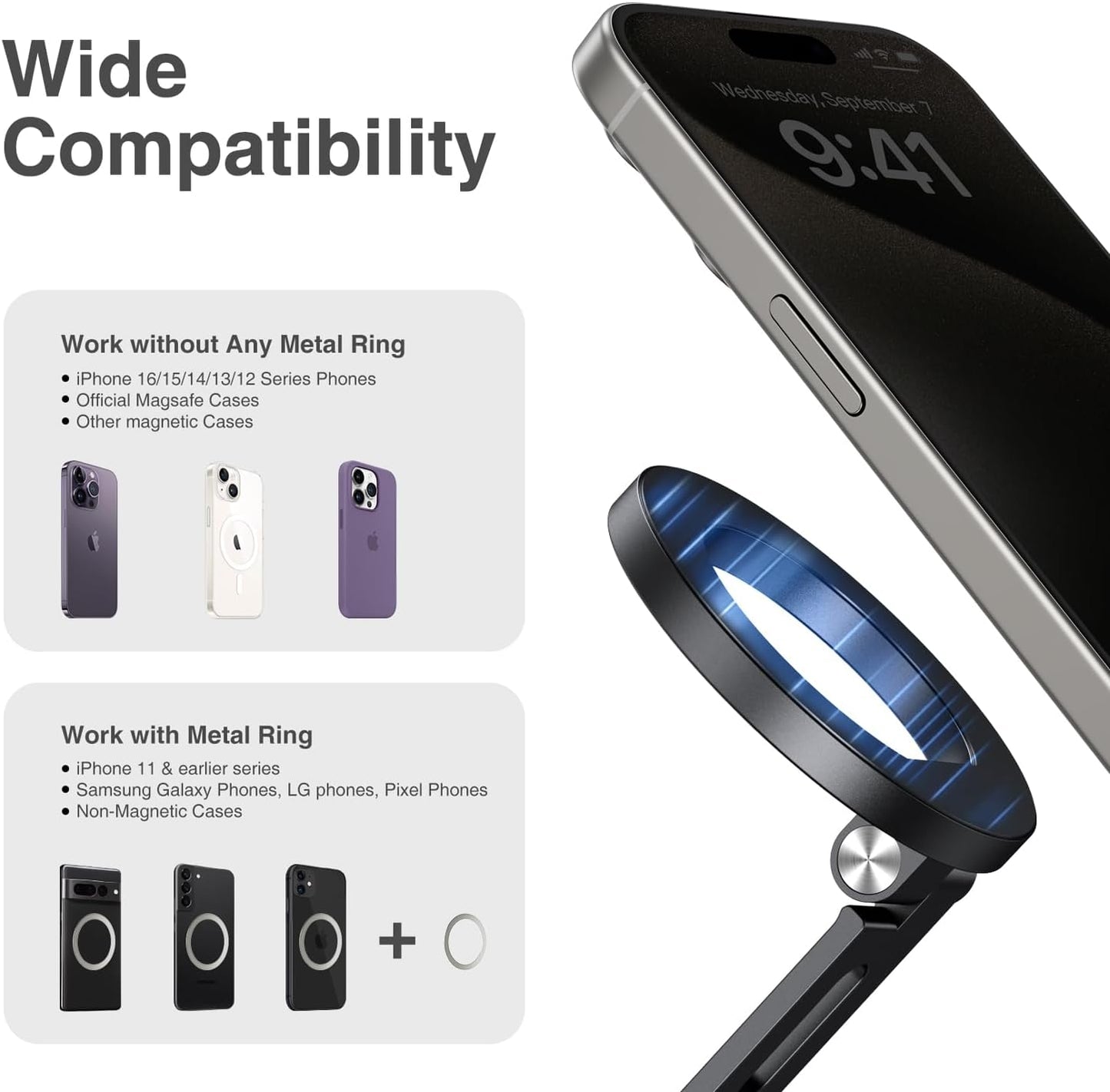 elitehood 360 1/4 180 Aluminum Magnetic Camera Phone Mount with Rotatable Cold Shoe Base, MagSafe iPhone Tripod Mount