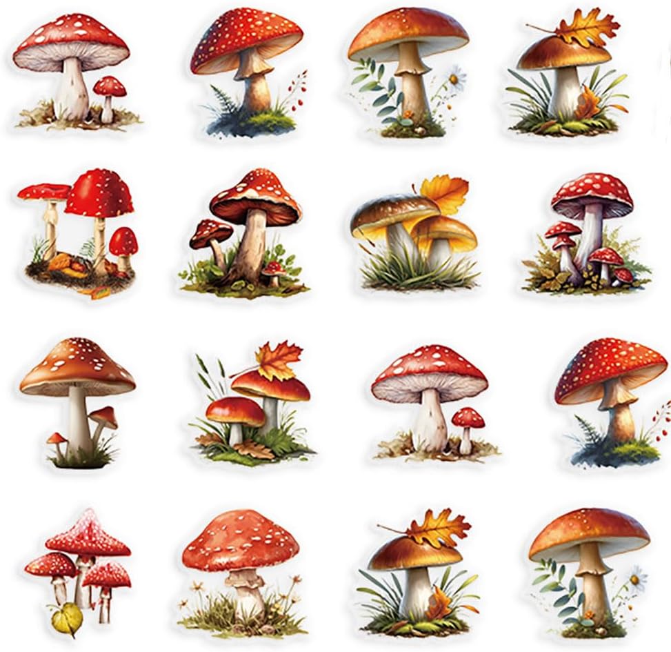 Mekycro Pack 50 Set Mushroom Stickers PCS, Botanical Aesthetic PET Waterproof Die-Cut Forest Mushroom Sticker for Water