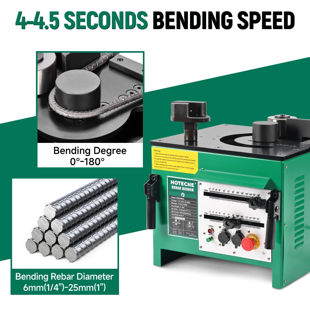 Hoteche 1700W Electric Hydraulic Rebar Bender - Professional 1-Inch Capacity Steel Bar Bending Machine, 0-180° Adjustable Angle, 4.5 Second Bend Speed for #3-#8 Rebar (6mm-25mm) with Foot Pedal