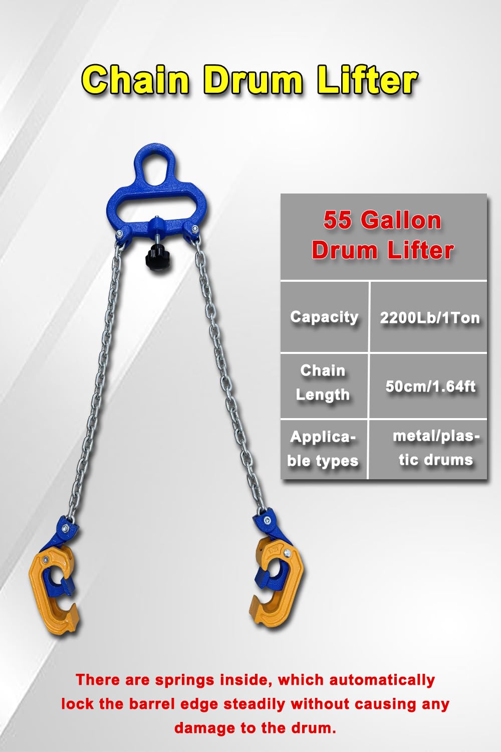 1Ton Barrel Lifting Chain for Plastic & Steel Drums 2204LBS 20in Length, 2 Hooks Chain Drum Lifter Barrel clamp for 30 & 55 Gallon Metal/Plastic Drum Barrel, Fits for Crane, Forklift【1T- 2Hooks】