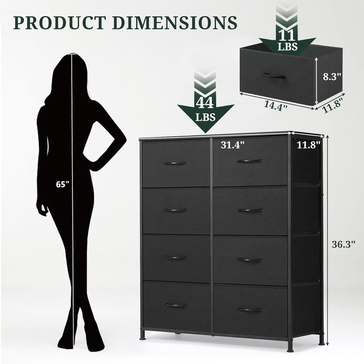 Regine Switzerland 8-Drawer Dresser - Anti-Tip Tall Storage Organizer with Wooden Top & Metal Frame | Black