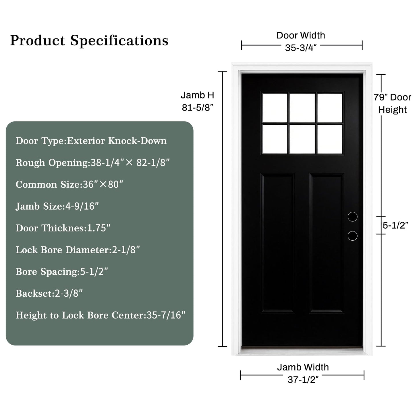 Fiberglass Front Entry Door, 36'' X 80" Black Exterior Door Left Hand Inswing with Brickmould, Vinyl Frame, Woodgrain Finish Knock-Down Door, 6-Lite Low-E Glass Energy Efficiency for Home's Entrance