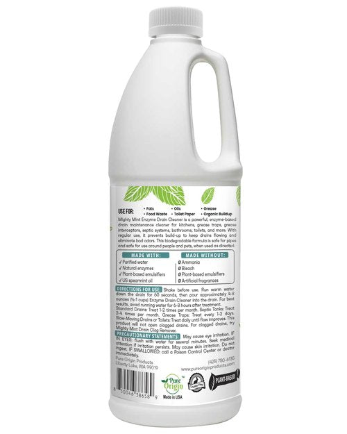 Mighty Mint Enzyme Drain Maintainer – Drain Cleaner & Deodorizer for Odor Control and Buildup Prevention – Safe for Pipes, Septic & Grease Traps - 32 oz.