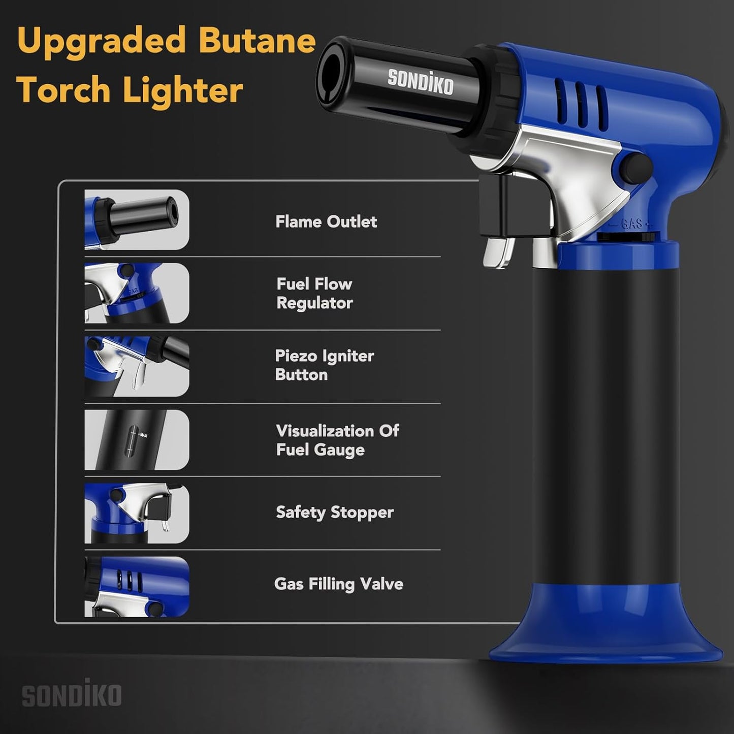 Sondiko Butane Torch - Adjustable Kitchen & Welding Torch for BBQ | Blue & Black Design