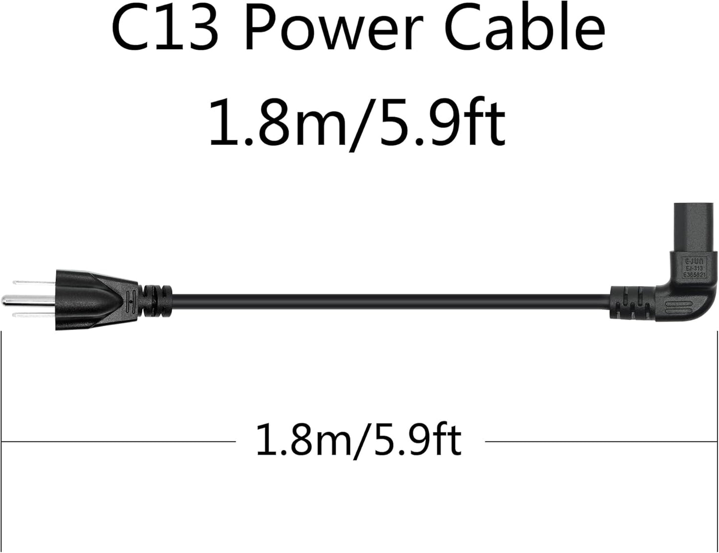 Maixbomr 3 5.9ft/1.8m,Down 10A 250V 18AWG 5-15P C13 C13 Prong AC Power Cord Angle to Power Cable,for PC