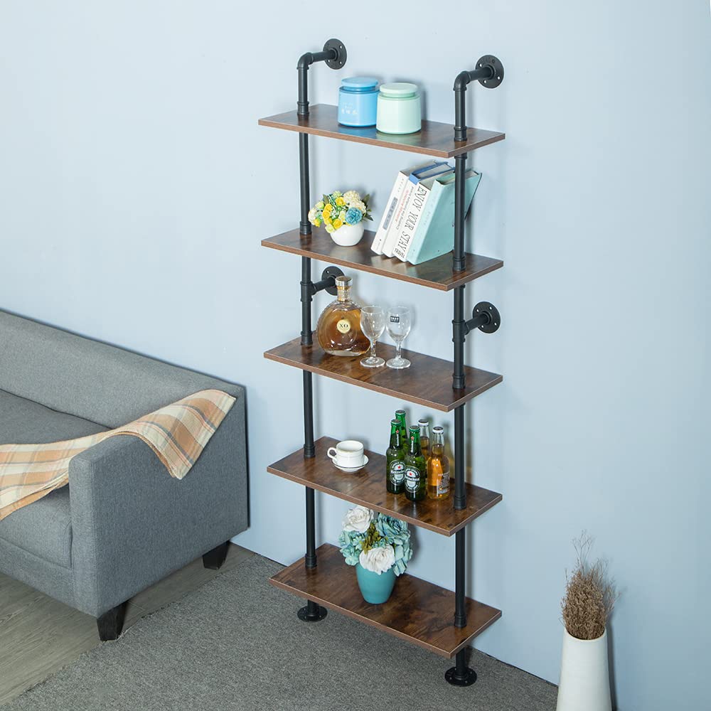 HEONITURE 5 Shelf Industrial Pipe Shelving, Black Modern Bookcase Bookshelf, Wall Mount Ladder Shelf with Metal Frame Display Selves