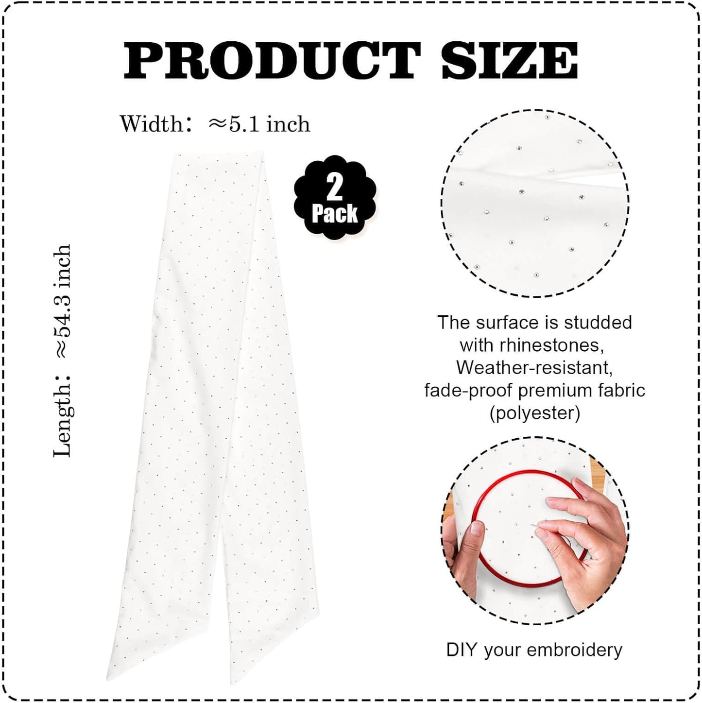 YKW Rhinestone Wreath Sash - 2 Pack White Sparkle Ribbon for Christmas & Wedding Decor | 54x5 Inch