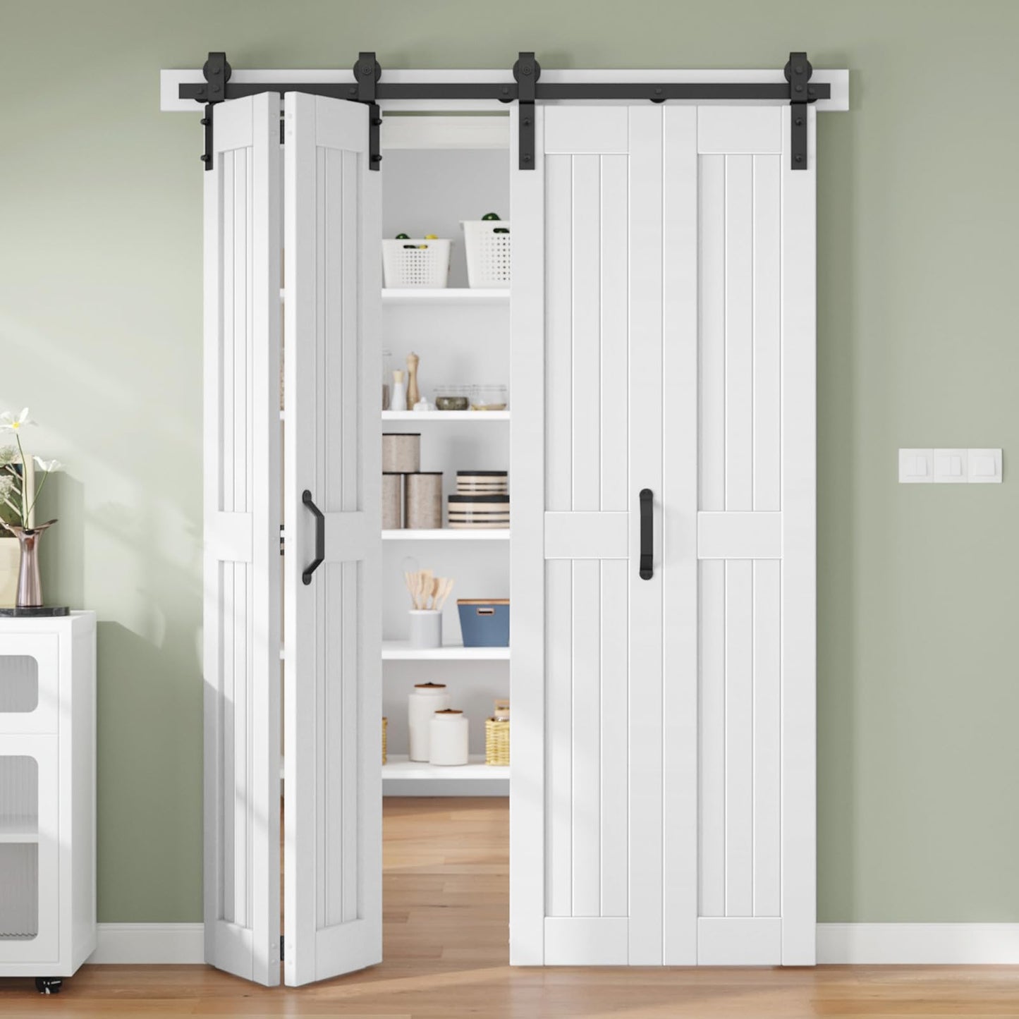 Finosen Bifold Barn Door 64 x 84 in (Four 16x84 Inch),Bi-fold Sliding Closet Doors with Hardware Track kit Included 6ft Rail for 4 Doors and Track Connector,Save Space,DIY Assembly.