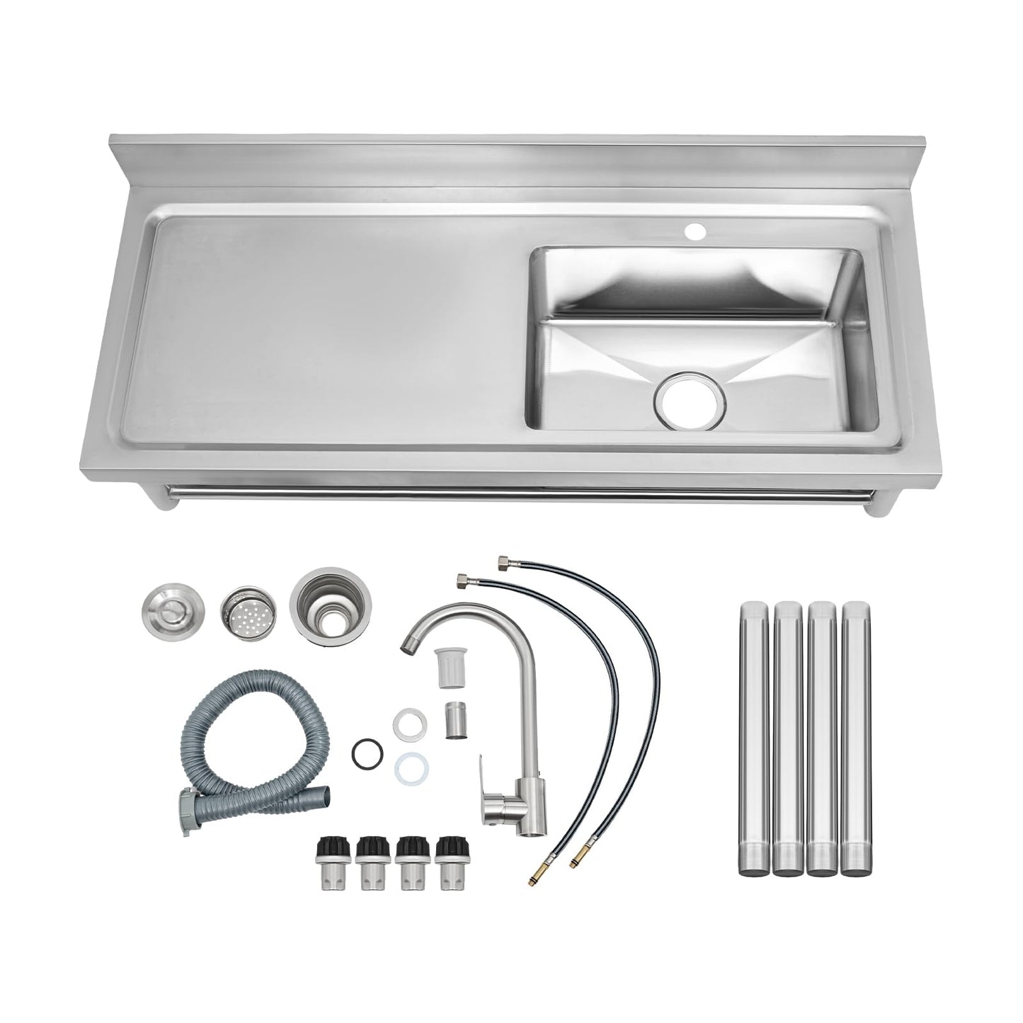 47.2" Stainless Steel Utility Sink with Faucet, 1 Compartment Free Standing Single Bowl Sinks, Commercial Restaurant Kitchen Sink Set with Storage Shelf for Indoor Outdoor