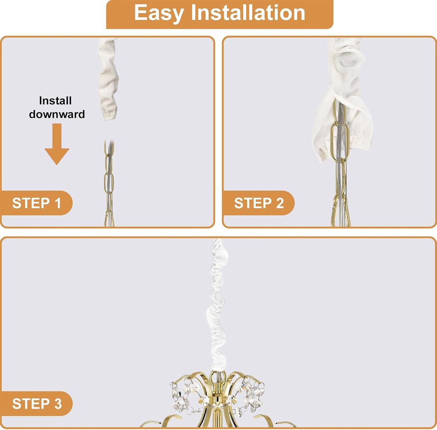 Antique House 2 Pack 70.8inches,Brushed Chandelier Chain Cover Touch Fasteners White Polyester Fabric Chain Sleeve