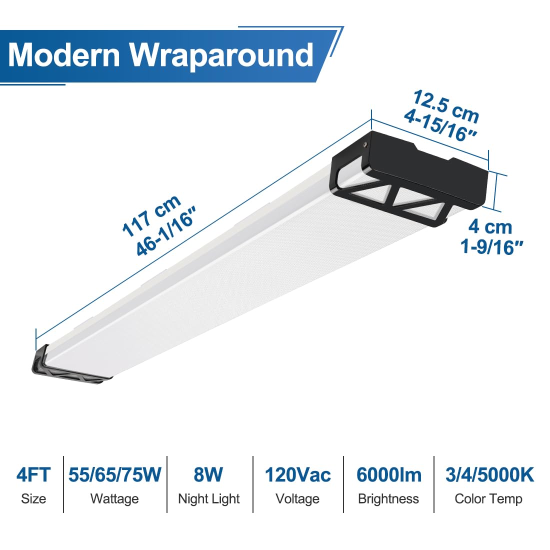 DAKASON 4FT LED Shop Lights for Garage Ceiling with Night Lighting, 48in LED Wraparound Light 75/65/55W 3/4/5000K Selectable, LED Ceiling Light Surface Mount for Office Workshop 4Pack