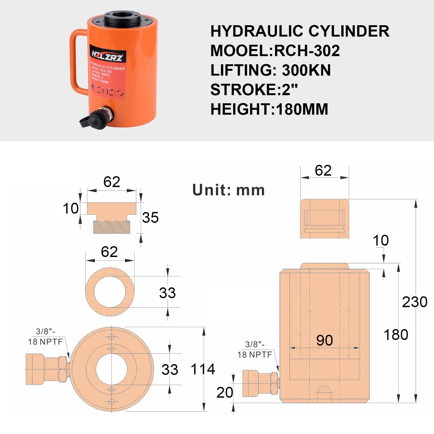 HZLZRZ 20 Ton Hydraulic Cylinder Jack Porta Power Ram 2" Stroke, CP-700B Manual Hydraulic Hand Pump, Hollow Single Acting Lifting Cylinders for Machinery Shipbuilding