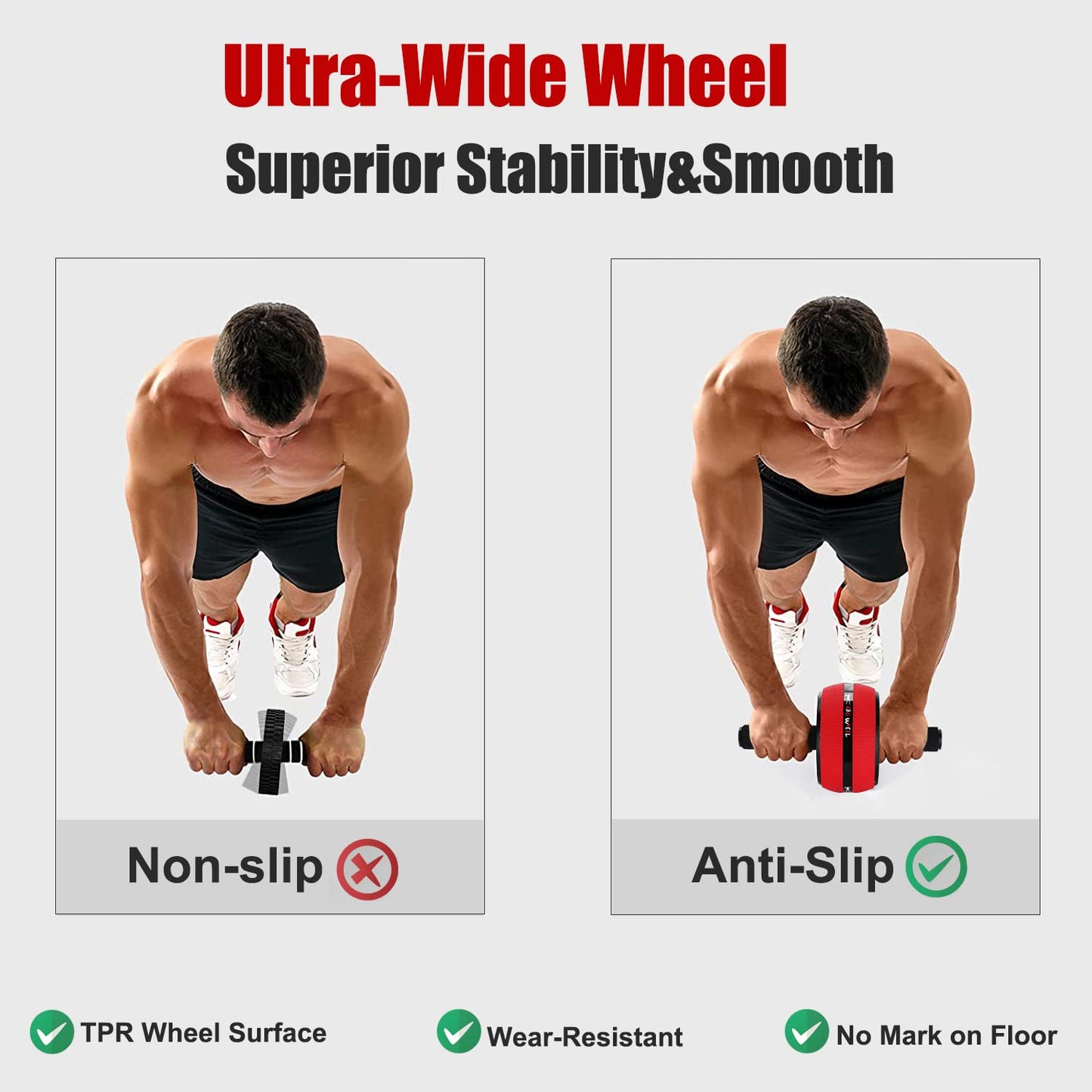 Bssay Ab Roller Wheel, Abs Workout Equipment for Abdominal & Core Strength Training, Exercise Wheels for Home Gym Fitness, Wider Ab Machine with Knee Pad Accessories Red-no resistance rope
