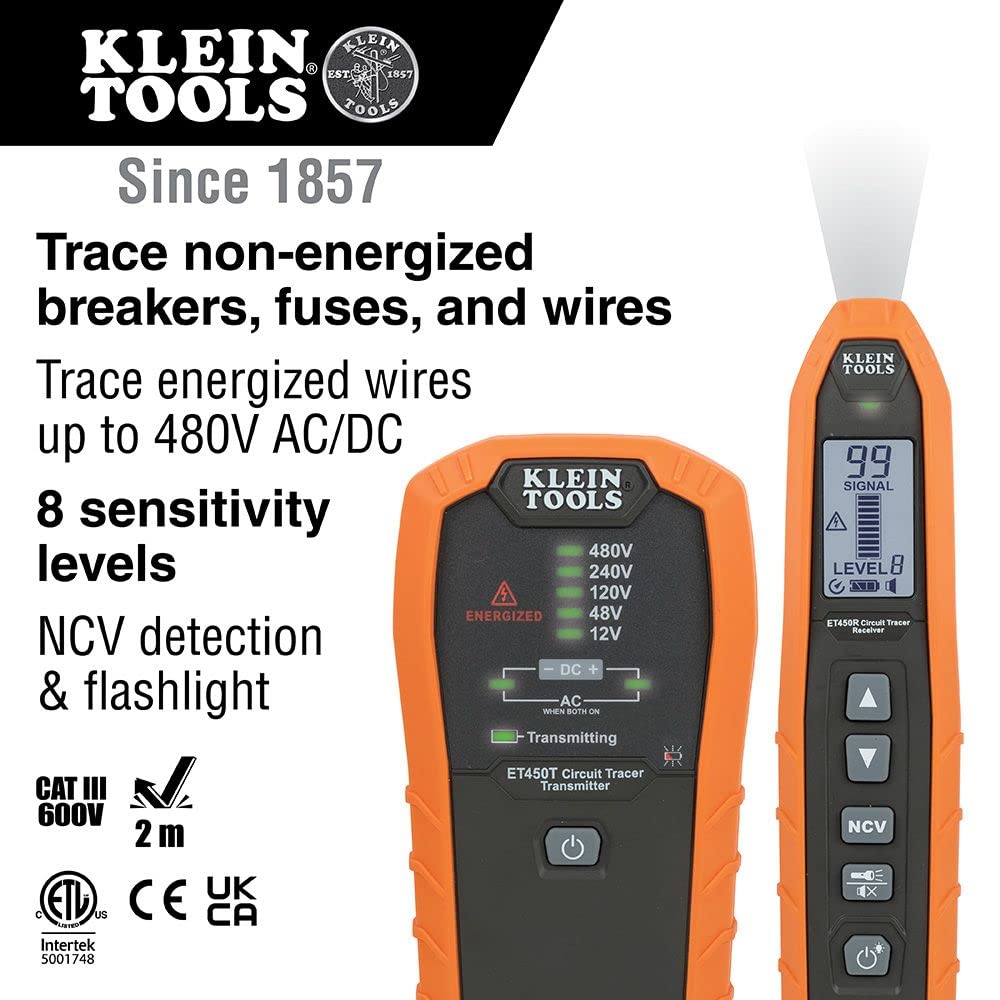 Klein Tools ET600 Multimeter, Megohmmeter Insulation Tester, 4000 Ohms Resistance, 125V/250V/500V/1000V, Auto-Ranging TRMS Multimeter & ET450 Advanced Circuit Breaker Finder and Wire Tracer Kit