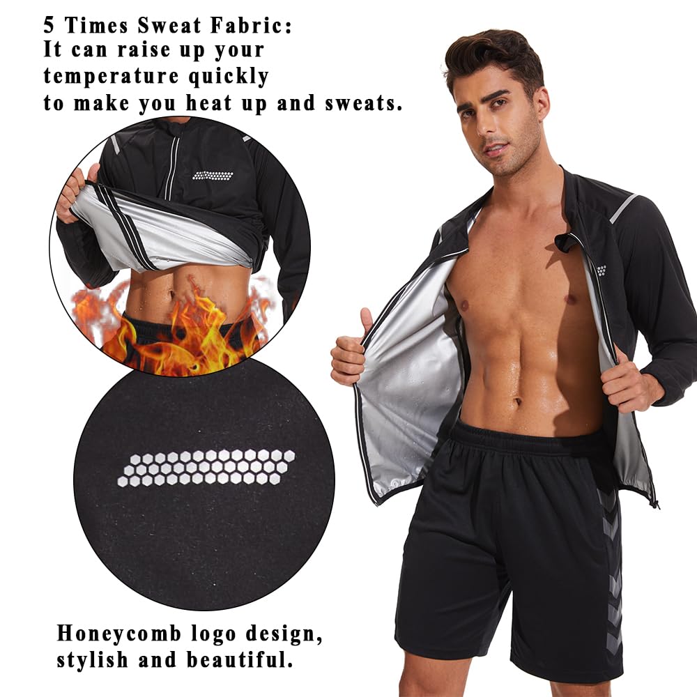 LAZAWG Sauna Suit for Men Long Sleeve Sweat Shirt Zipper Sauna Jacket Top for Gym Workout Exercise