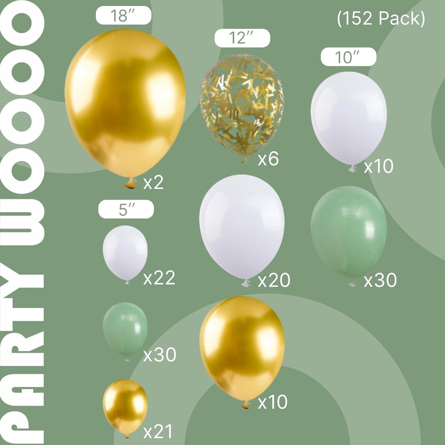 PartyWoo Sage Green Balloon Arch Kit - 152pcs Boho Balloons in Olive, Dusty Green, White & Gold for Baby Showers, Graduations & Birthdays