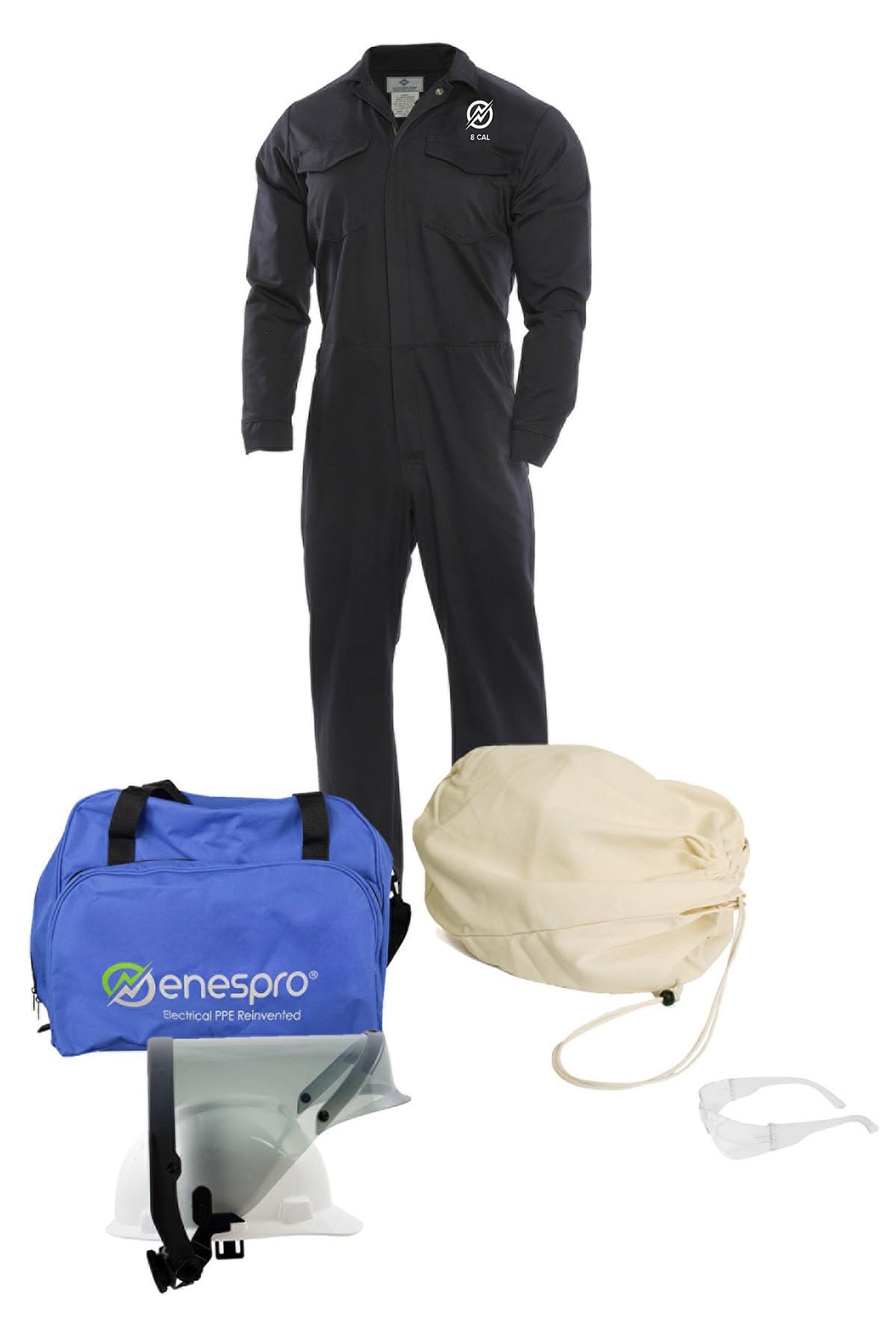 Enespro ArcGuard, CAT 2, 12 Calorie, Arc Flash Suit Kit with FR Coverall, Face Shield, (No Gloves), X-Large, KIT2CV11NGXL