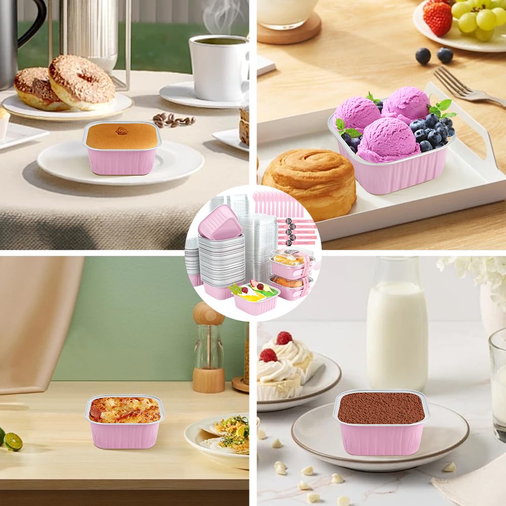 RETON 100 Pcs Mini Cake Pans with Lids Sporks and Stickers, 5oz Aluminum Foil Square Baking Cake Cups, Individual Cupcake Containers Foil Ramekins for Brownies Dessert Party Wedding Birthday (Pink)