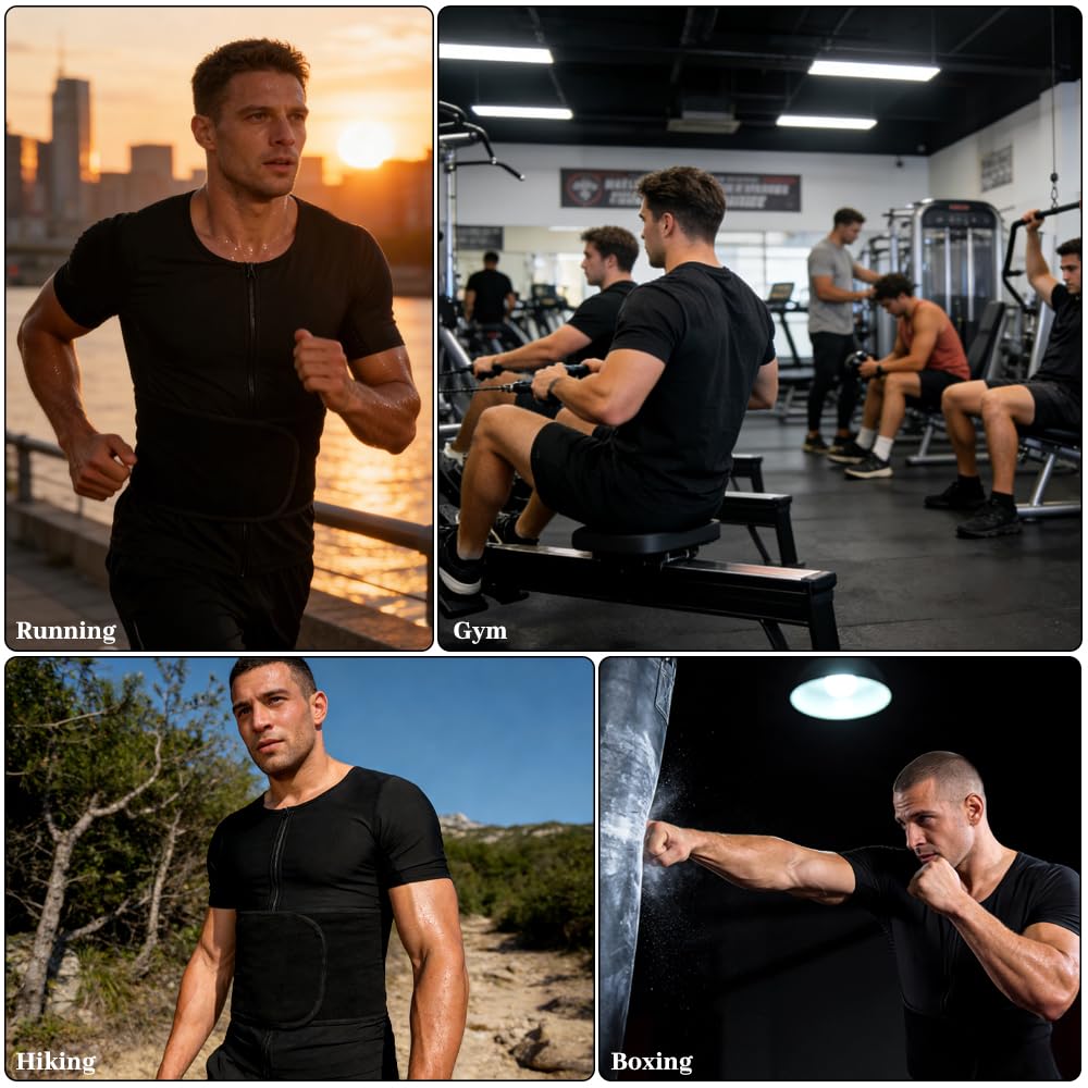 DYUAI Sauna Shirt for Men Sweat Suit Heat Trapping Short Sleeve Workout Shapewear,Adjustable Waist Belt,Breathable Armpit(6020-01-XL)