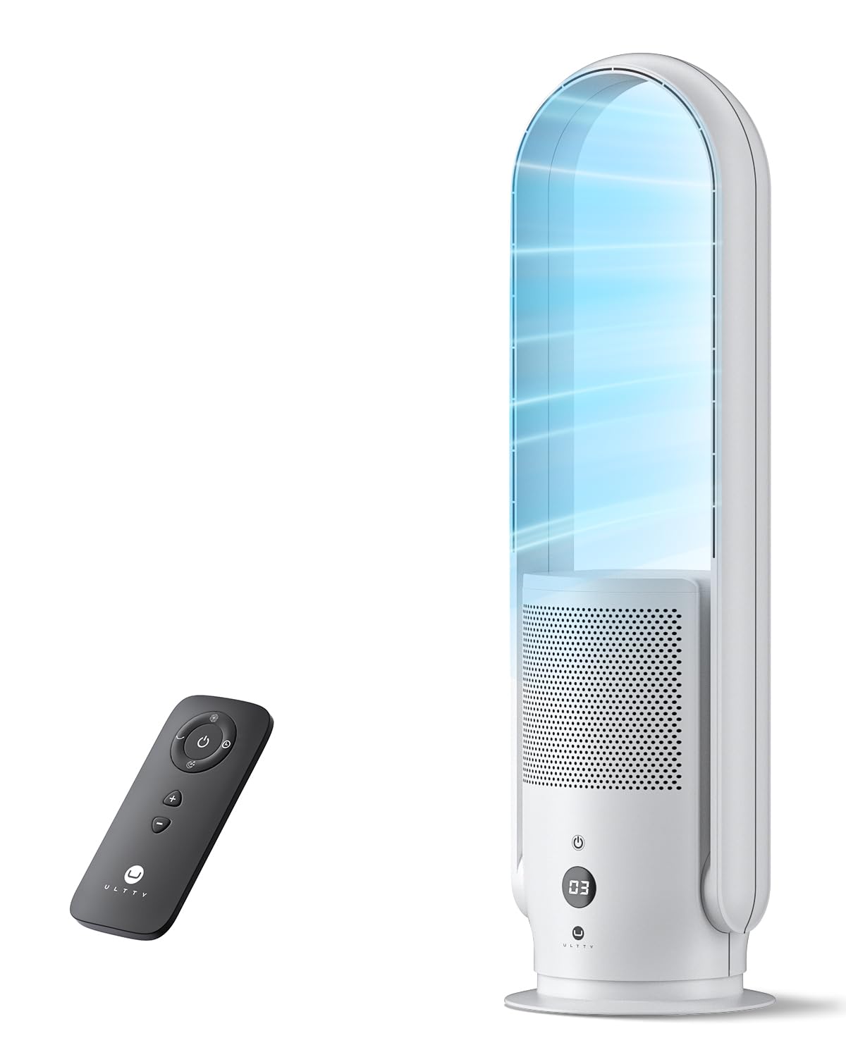 U ULTTY Bladeless Fan with Air Purifier, Quiet Tower Fan with Remote, Touch, 9 Speeds, 8H Timer, HEPA Filter 99.97%, 90° Oscillation Fans, Floor Fans Powerful for Home Office Room, CR022D White