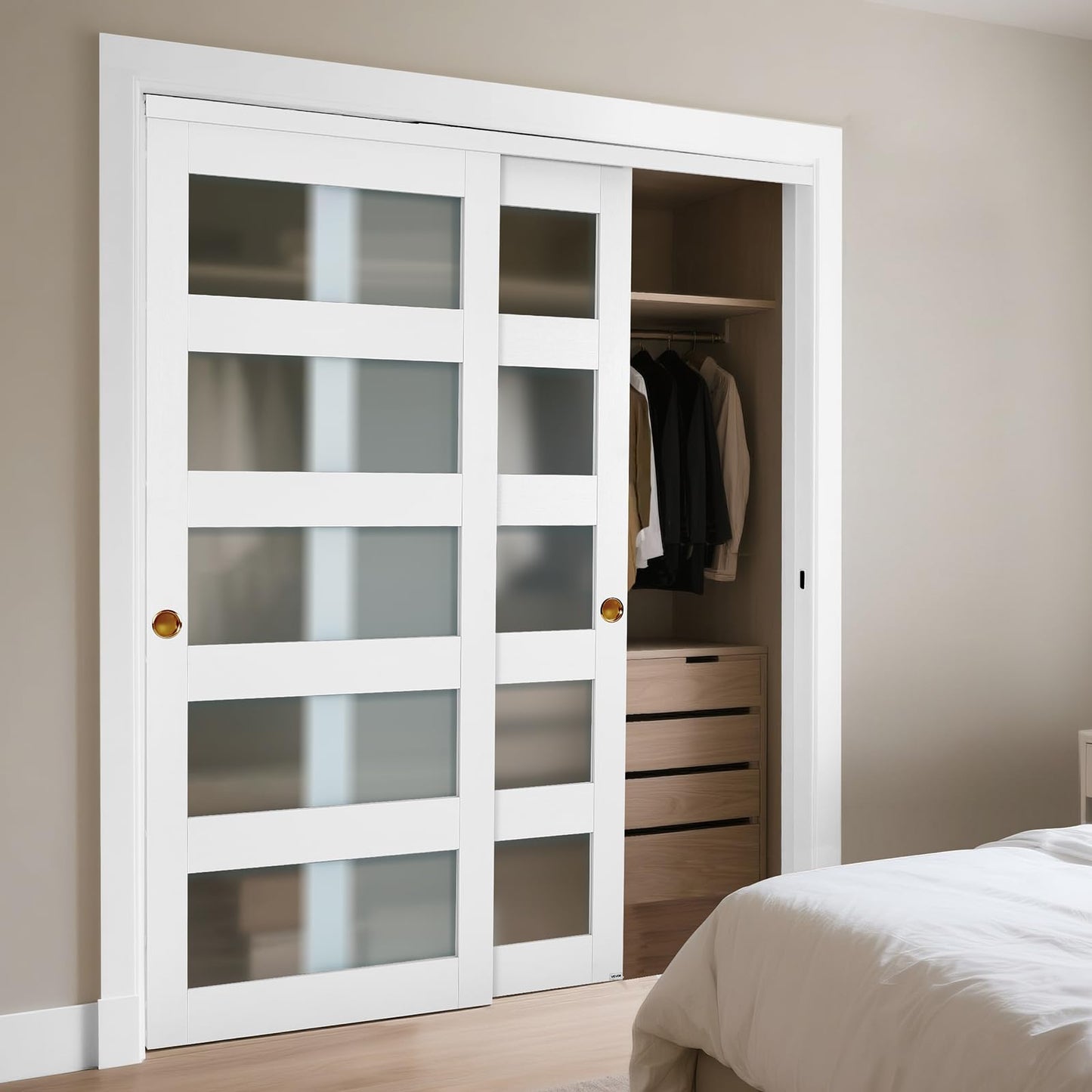 VEVOR Sliding Closet Door, 60" (Double 31") x 80", 5-Lite Frosted Glass with Hardware Kit & Floor Guide, Solid Wood & MDF Slab with Waterproof PVC Surface, Pre-Drilled Doors Panel, Need to Assemble