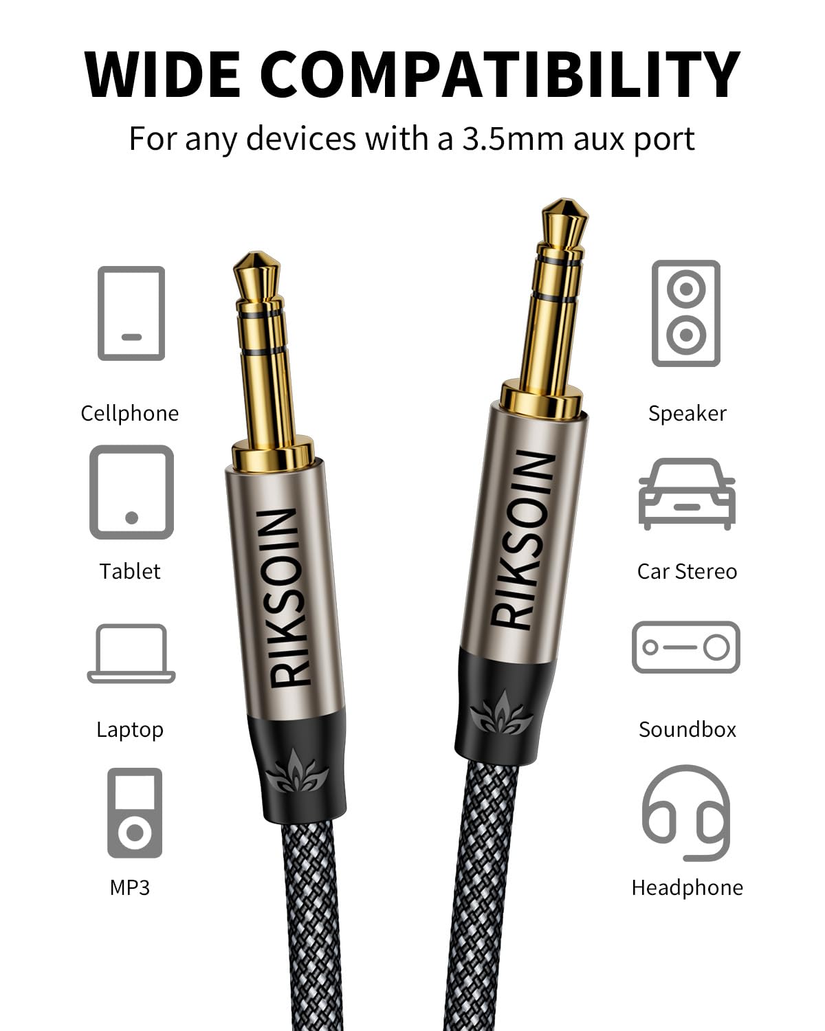 3.5mm 2FT/0.6m, Aux Cable Silver-Plated Wire Core Male to Male Cord for Headphones Car Home Stereos Speaker Compatible