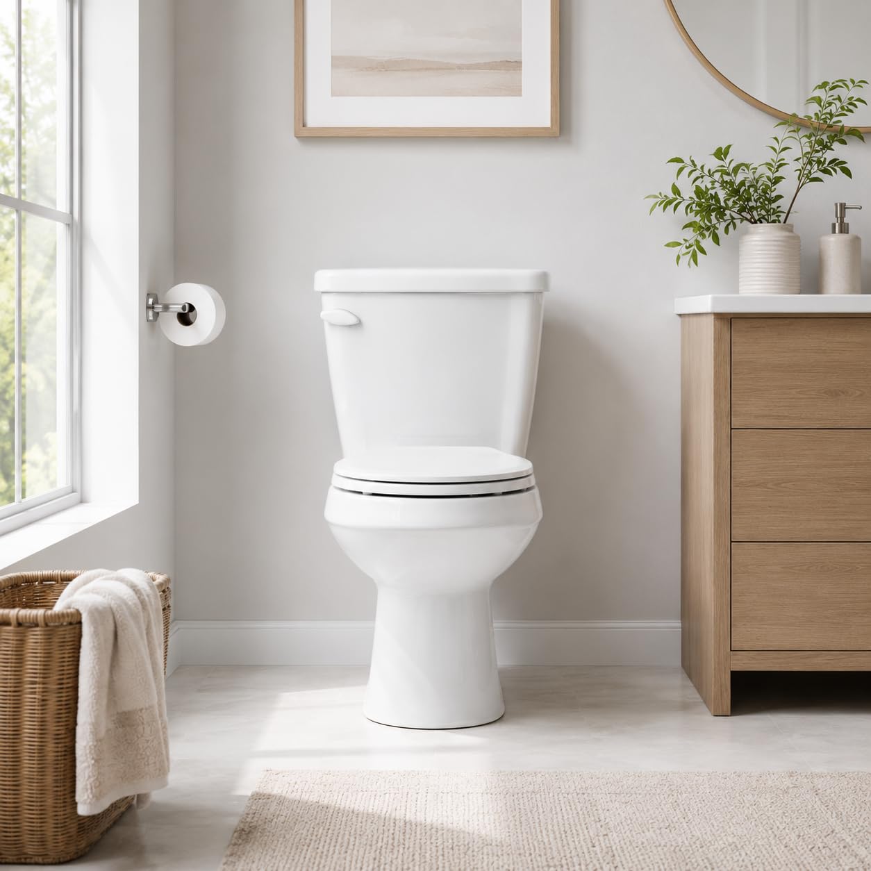 15 Inch Round Front Toilet for Small Bathrooms, Two Piece Compact Ceramic Commode with Side Flush, 1.28 GPF Siphonic Flush, Soft Close Seat, cUPC Certified, 12 Inch Rough-In