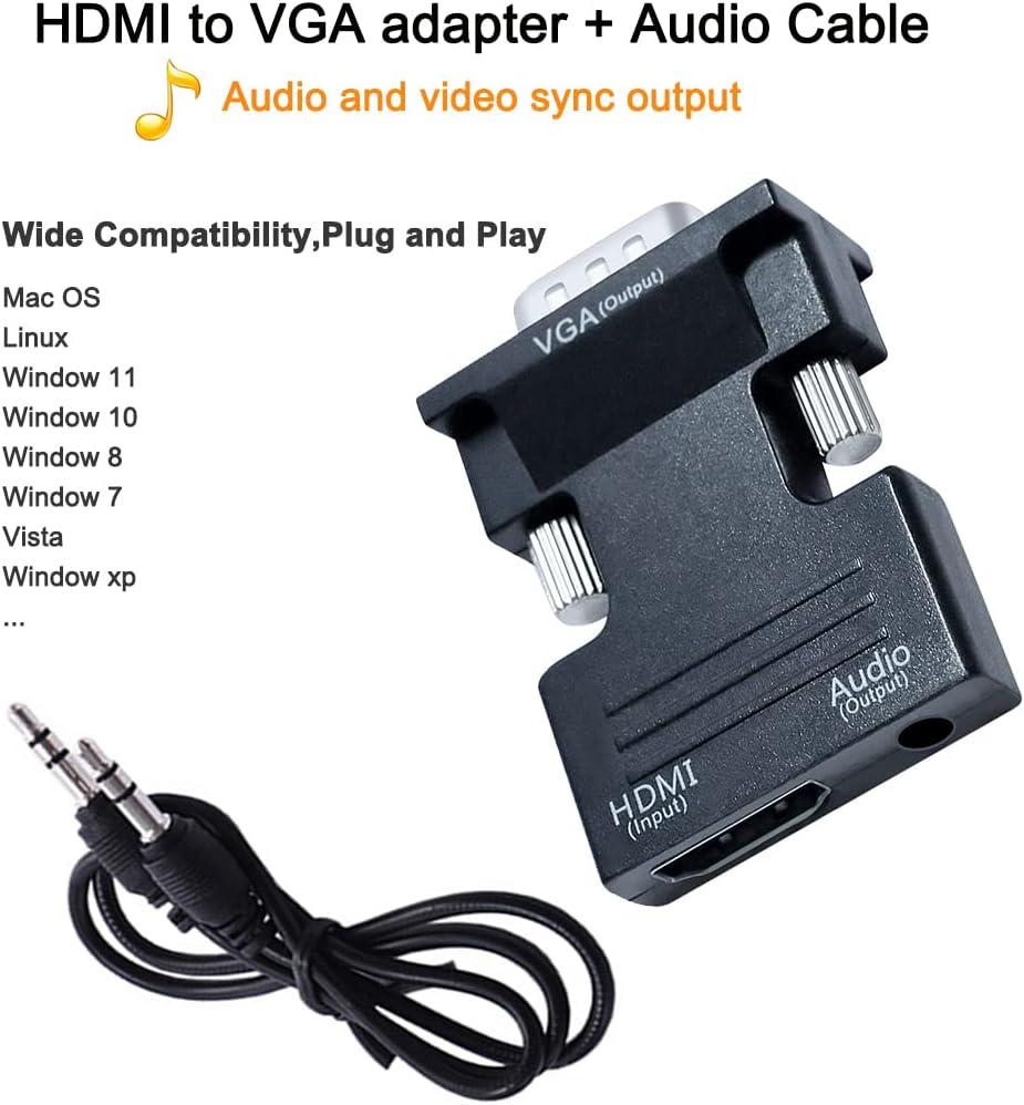 DTECH 3.5mm 1080P Directional HDMI to VGA Adapter with Audio Port (Laptop HDMI Source Output to VGA TV) for Old