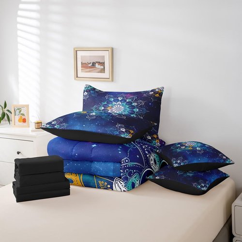 Erosebridal Exotic Flowers Bedding King Size 7pcs, Vintage Bohemian Style Lightweight Kids Teens Bed Set, Boho Galaxy Printed Bedding Sets & Collections Bed in a Bag, Blue Green Chic Bed Sheets Set