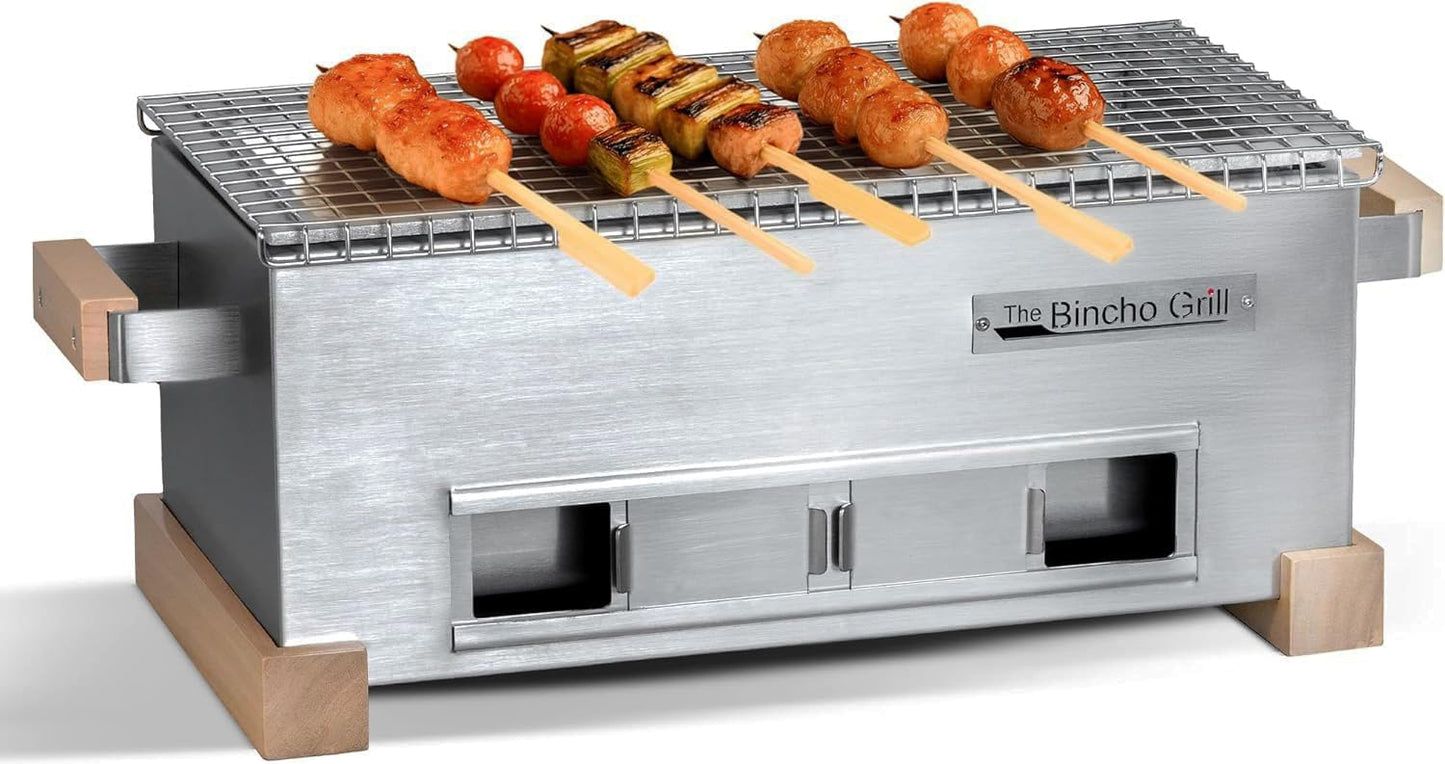 The Bincho Grill 16" Mini Yakitori Grill – Stainless Steel Mini Tabletop Charcoal BBQ with Charcoal Box, Optimized Airflow & Cool-Touch Base - Perfect for Japanese Grilling, Skewers, Meat, Seafood