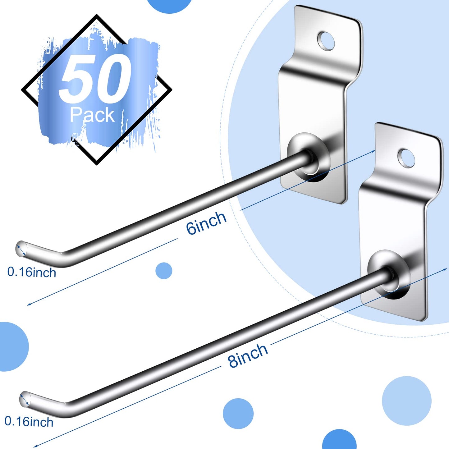 Moxweyeni 100 Pack Slatwall Hooks, 6 and 8 Inch Slatwall Accessories, Metal Panel Wall Hooks Pegs Hanging Hangers Thickness Slat Pegs for Garage Shop Retail Display(Silver)