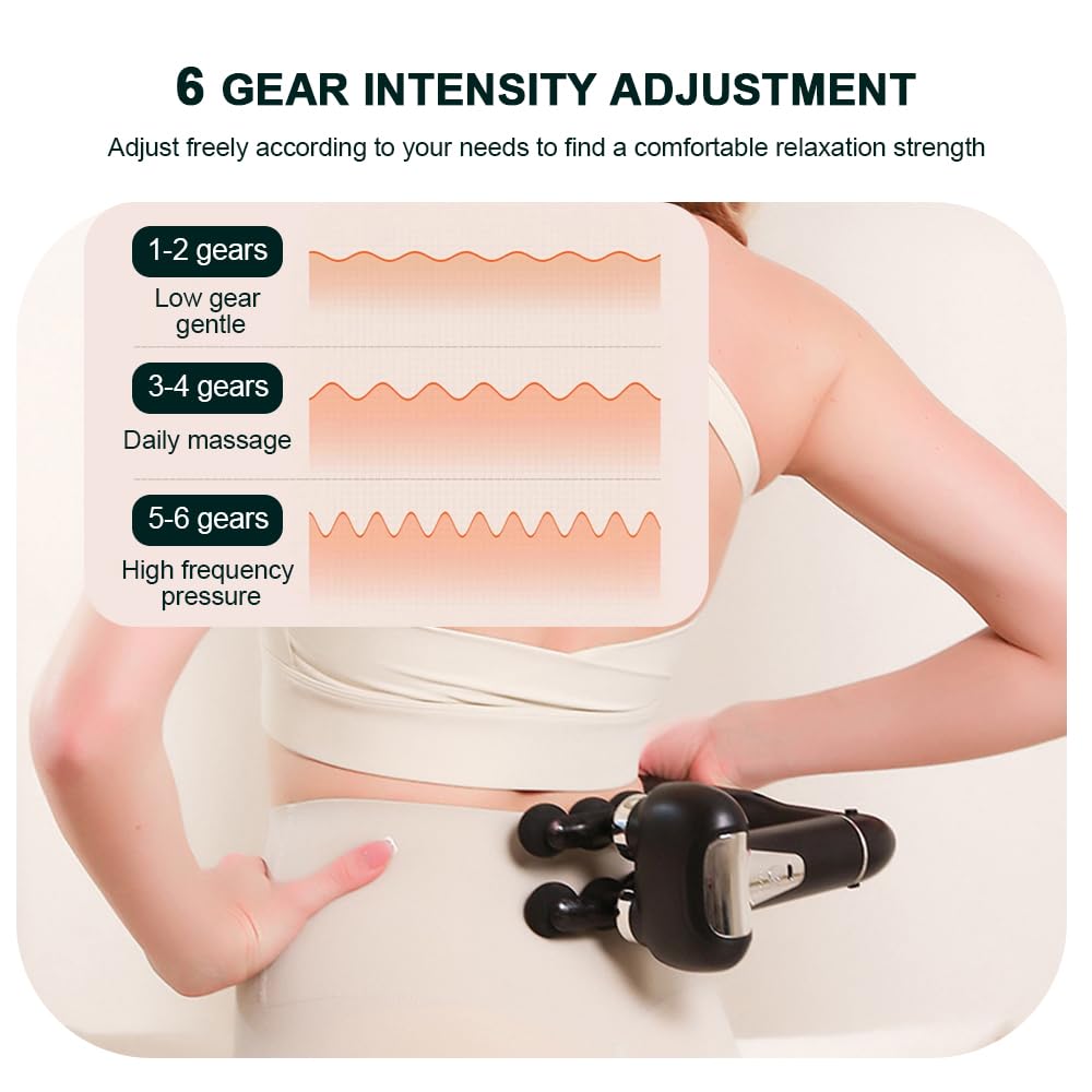 IeBilif Massage Gun with Extension Handle, Handheld Foot Back Neck Shoulder Massager with 6 Adjustable Speeds & Modes and 5 Replaceable Heads for Gym & Home Use, Birthday Gifts for Men