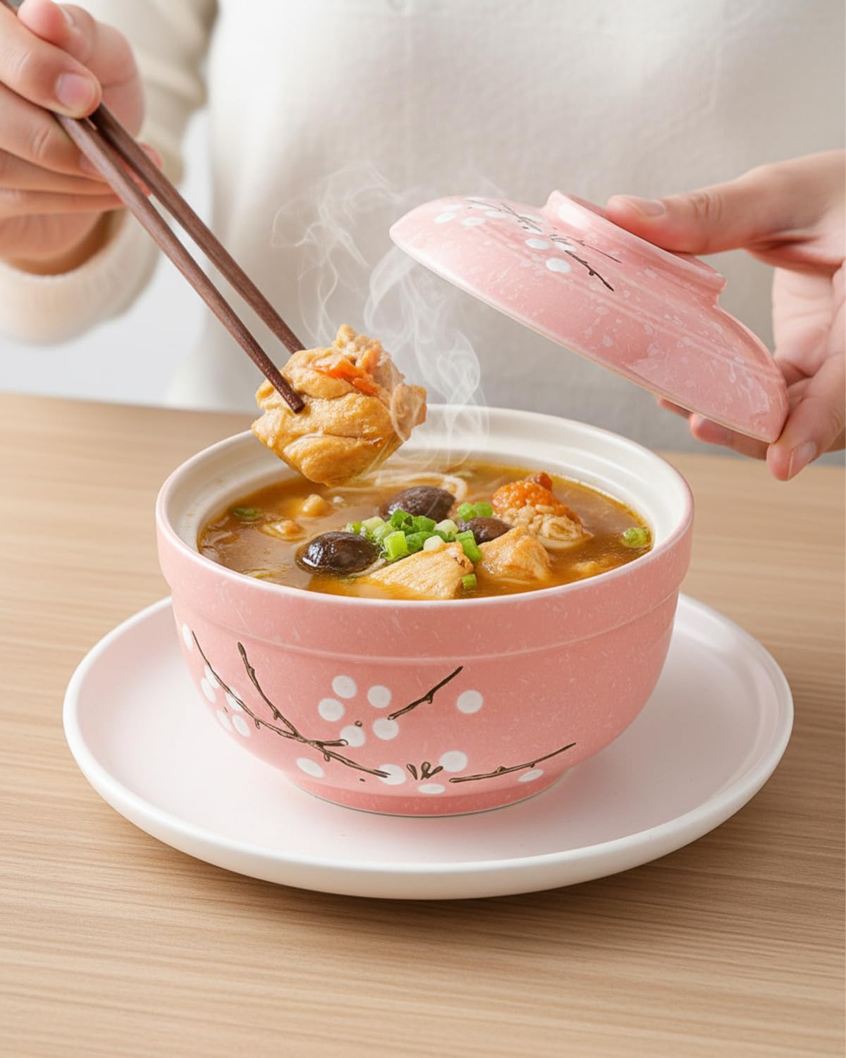 Zitonyang Ceramic Ramen Bowl, 2 Pack 27 Oz Ramen Bowl With Lid Japanese Soup Bowls With Lid Korean Soup Bowls For Noodles, Porridge, Rice, Dishwasher Safe (Pink, Griege)
