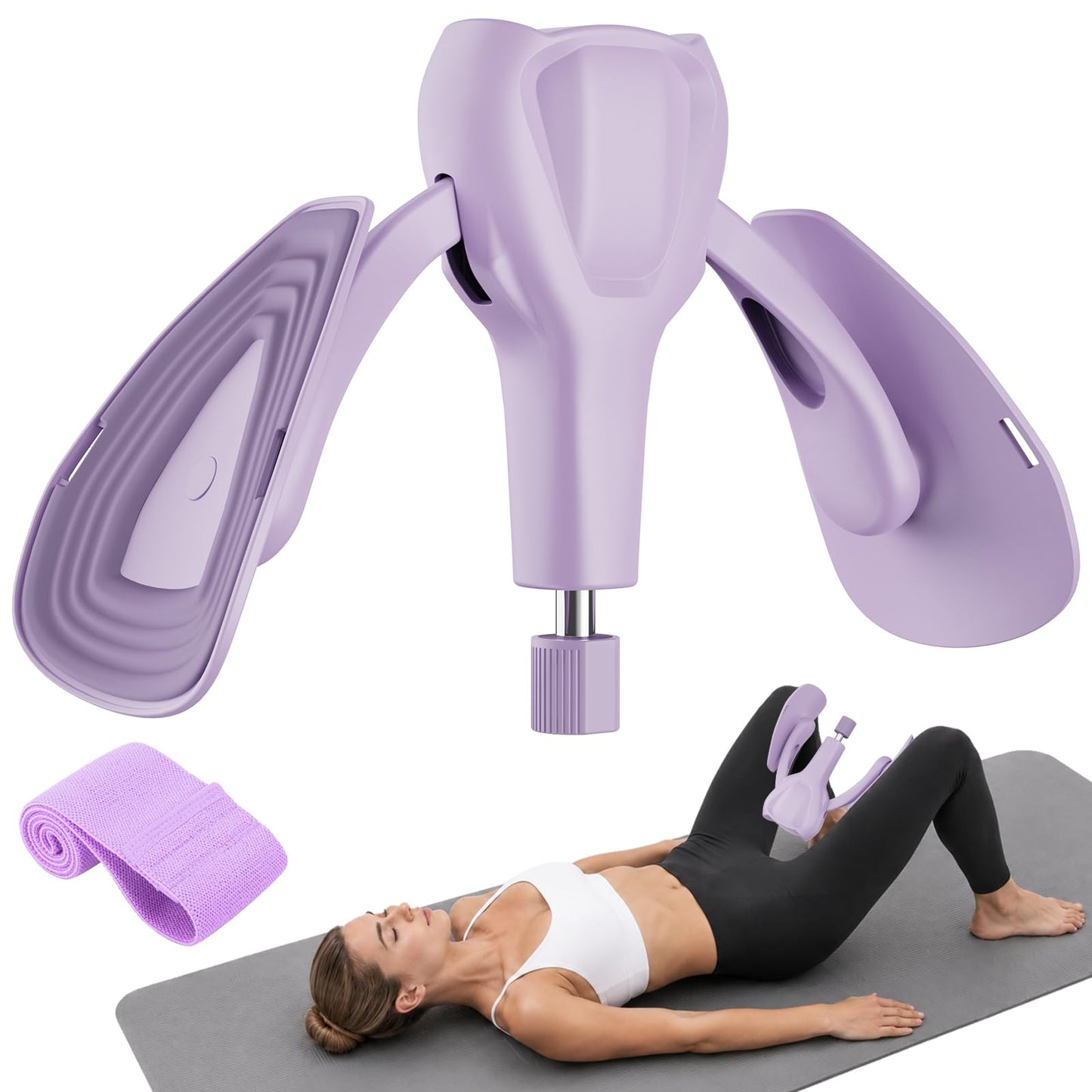 Pelvic Floor Exercise Devices 77 lb Adjustable Kegel Inner Thigh Exerciser and Hip Trainer Workout Equipment for Home Postpartum Recovery Women Men, with Band, Purple