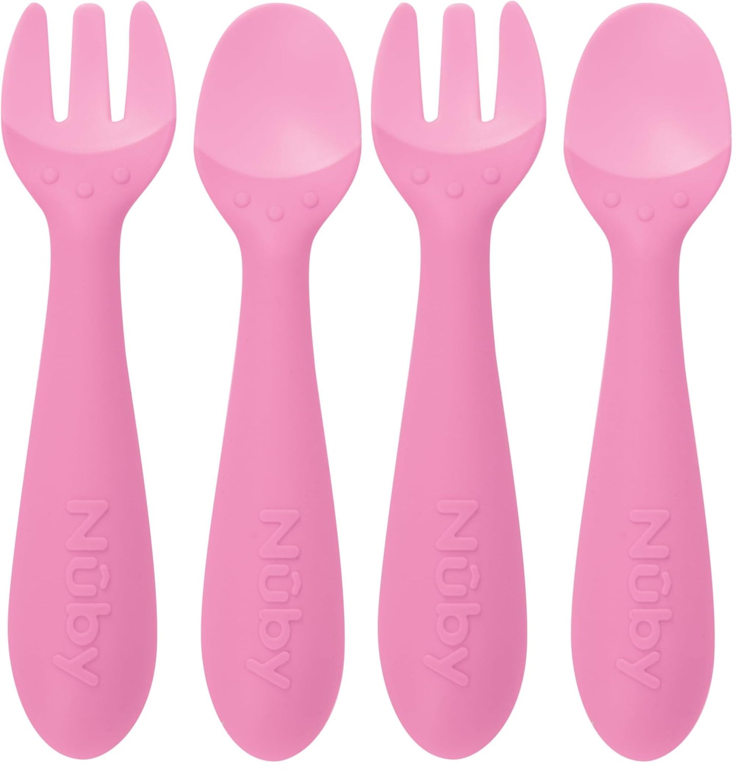 Nuby Silicone Easy Grip Fork & Spoon Set, 12+m in Pink (Pack of 2)