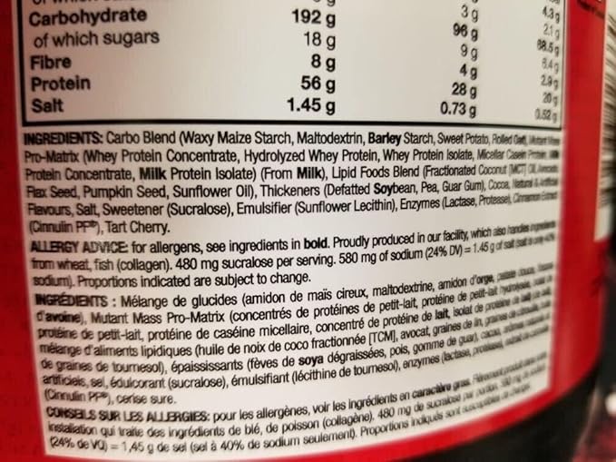 Mutant Mass Weight Gainer Protein Powder ??Build Muscle Size and Strength with 1100 Calories ??56 g Protein ??26.1 g EAAs ??12.2 g of BCAAs ??15 lbs with 24 Servings ??Cookies & Cream