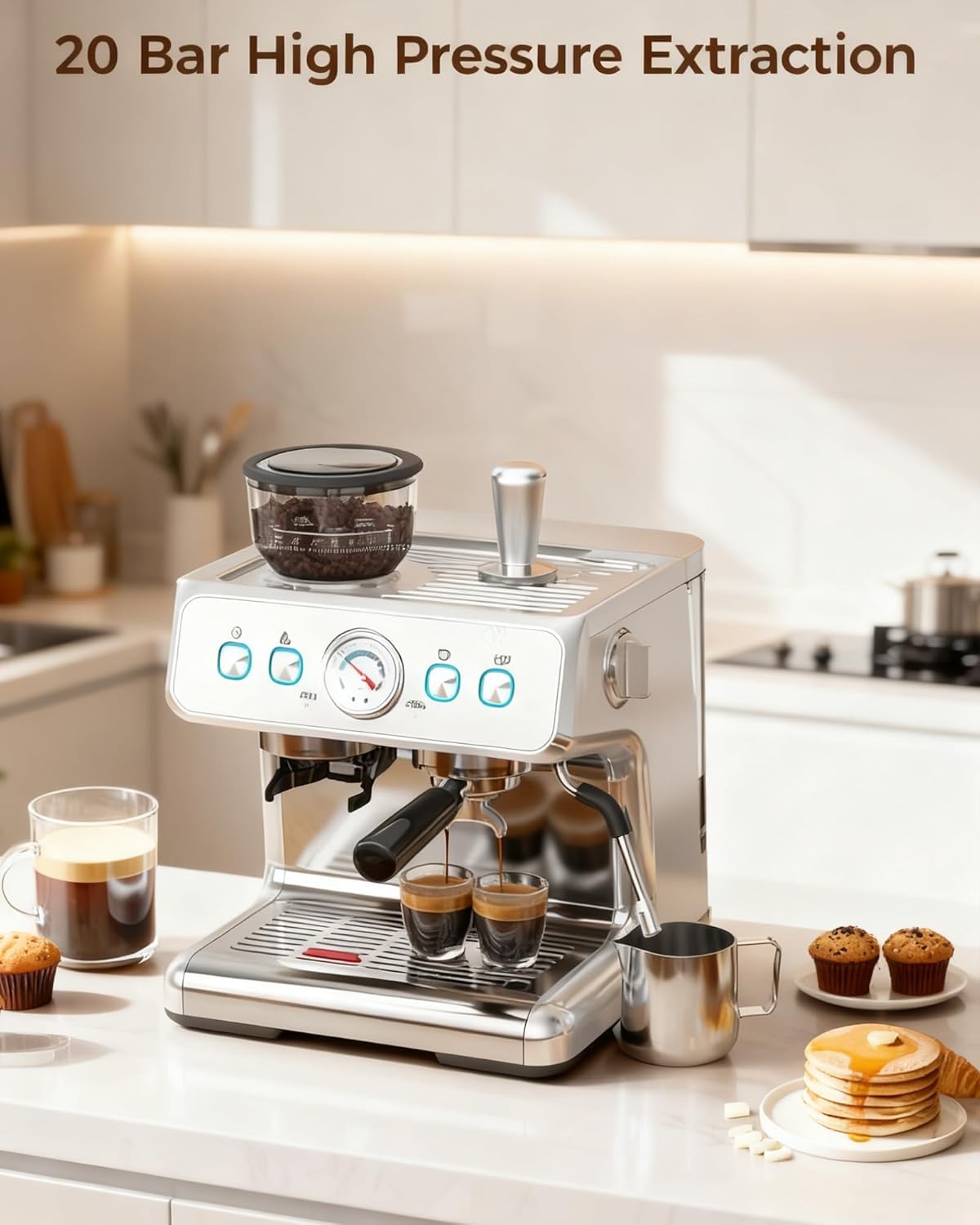 COWSAR (2026 Upgrade) 20 Bar Espresso Machine with Grinder,Expresso Coffee Machines with Milk Frother,Commercial Stainless Steel Expresso Machines for Home,Perfect Cappuccino & Latte